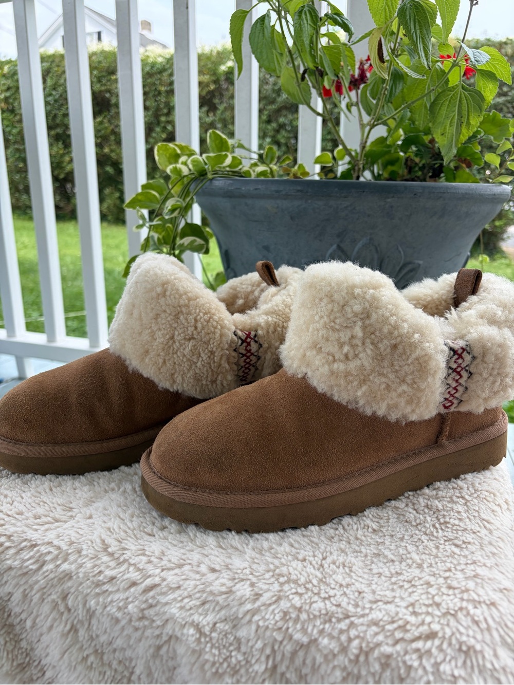 UGG Women’s Classic Ultra Mini Chestnut Suede Shearling Cuff Slippers